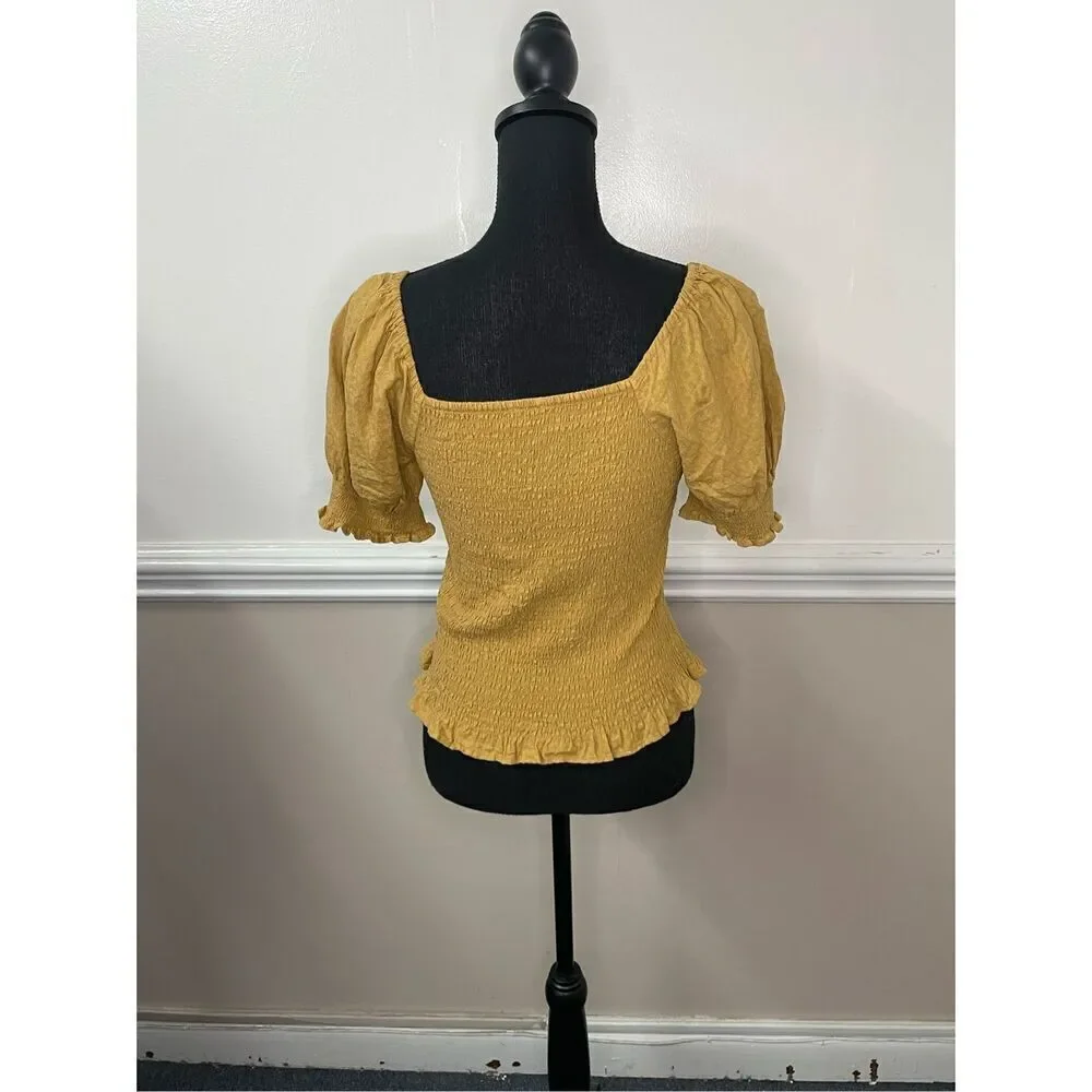 Madewell Mustard Lucie Puff-Sleeve Smocked Bodice Top Size X-Small